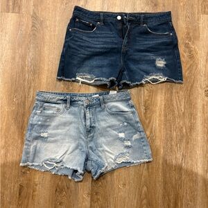 Time and Tru High Waist Distressed Denim Shorts - Dark Blue and Light Blue